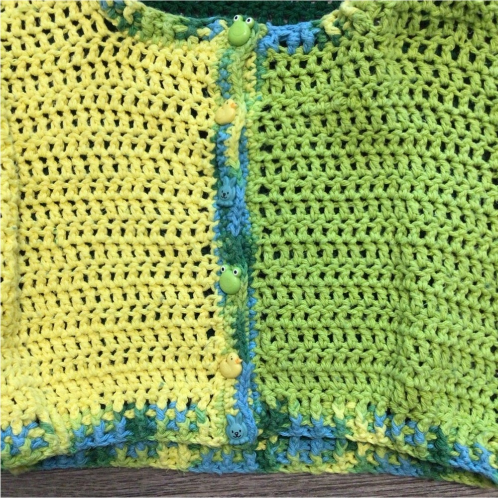 Homemade Crocheted Girls Cardigan Blue Yellow Green Duck Frog Rabbit Buttons - Picture 4 of 7
